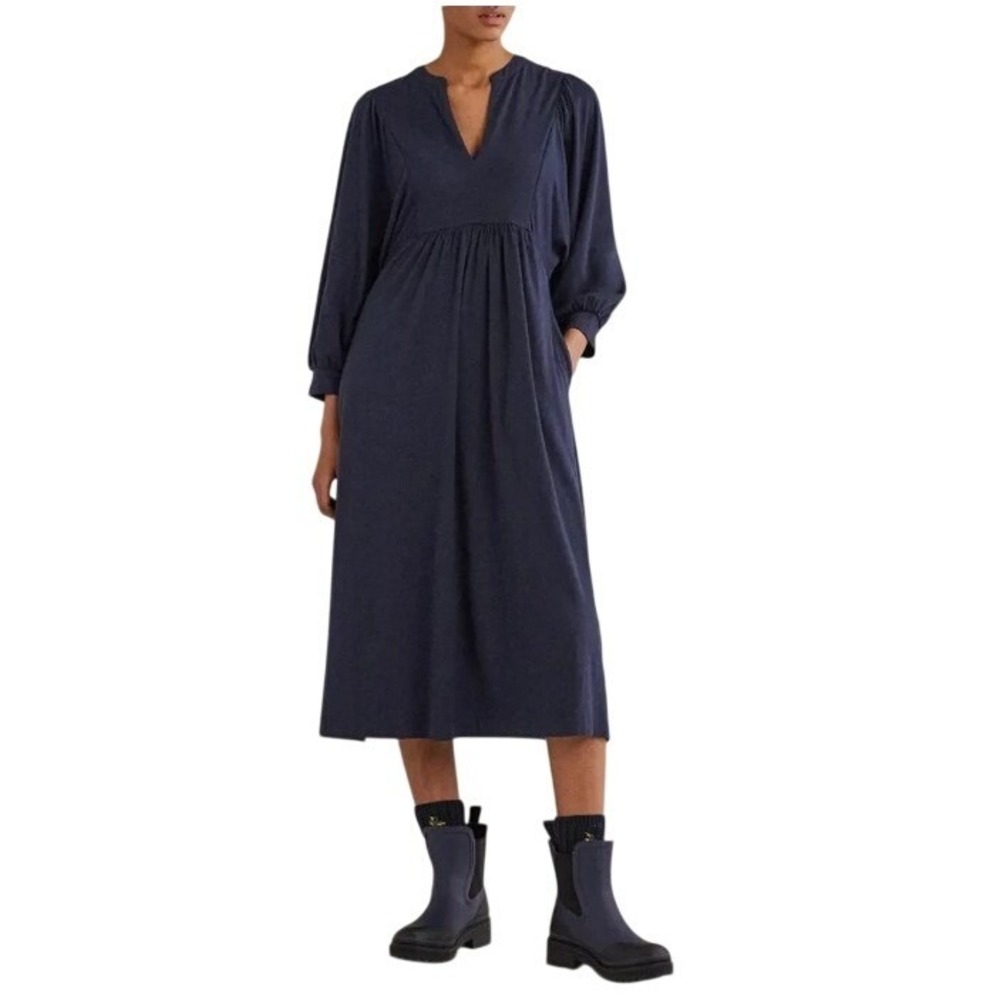 Boden Dress Women 8R Navy Blue Jersey V-Neck Puff Sleeve Midi Casual Classic